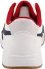 The back view of a white sneaker with blue and red accents. Produktbild-Vorschau