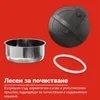 A stainless steel pot, a black lid, and a white sealing ring are arranged on a red background, with text describing ease of cleaning. Anteprima dell’immagine prodotto