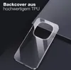 A clear phone case is shown on a dark, angled surface, with text overlay indicating its material. Produktbild-Vorschau