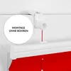 A close-up view of a white mounting bracket for a window blind, with a red cord hanging down. A circular graphic with text is overlaid on the left side of the image. Produktbild-Vorschau