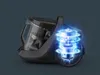 A close-up, angled view of a black bagless vacuum cleaner with a transparent dustbin, with a glowing blue representation of its internal motor and airflow system. Voir les images du produit