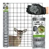 A deer is looking through a wire fence, with rolls of fencing and a hand holding fasteners in the background. Produktbild-Vorschau