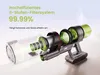 A cutaway diagram of a cordless vacuum cleaner, highlighting its internal filtration system with glowing green elements. Produktbild-Vorschau