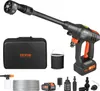 A collection of items for a VEVOR cordless pressure washer, including the washer itself, a carrying case, a bucket, a foam cannon, a hose, a battery, and a charger. Produktbild-Vorschau