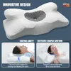 A collage of images showcasing an orthopedic pillow, its features, and how it's used. Produktbild-Vorschau