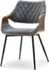 A studio shot of a modern armchair with a walnut frame, gray upholstered seat and back, and black metal legs. Náhled obrázku produktu