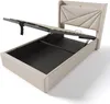 A beige upholstered bed frame with the mattress support mechanism lifted to reveal the storage compartment underneath. Produktbild-Vorschau