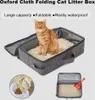 A cat sitting in a folding cat litter box, with smaller inset images showing litter being scooped and the litter box folded. Náhled obrázku produktu