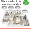 An overhead view of an apartment layout with smoke detectors placed in various rooms. Produktbild-Vorschau