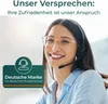 A smiling woman wearing a headset, with a marketing badge on the left. Produktbild-Vorschau