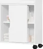 A white narrow bathroom cabinet with a sliding door and open shelves, on wheels. Produktbild-Vorschau