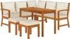 A wooden garden dining set with cream cushions, including a sectional sofa and two ottomans, arranged around a coffee table. Náhľad obrázku produktu