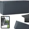 A collage of images showing a dark grey storage box from different angles, including a close-up of the lid and a lifestyle shot of the box on a patio. Podgląd zdjęcia produktu