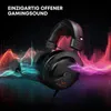A black gaming headset is shown against a dark background with colorful sound wave graphics. Produktbild-Vorschau