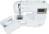 A white Carina Evolution computer sewing machine is shown from a slightly elevated front-side angle, with its accessory tray open and detached. Produktbild-Vorschau
