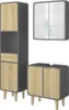 Three pieces of bathroom furniture: a tall cabinet, a wall-mounted cabinet with mirrored doors, and a vanity unit. All pieces have a dark gray frame and light wood-effect doors or panels. Anteprima dell’immagine prodotto