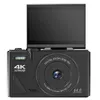 A black digital camera with its screen flipped up, shown against a white background. Produktbild-Vorschau