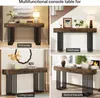 A collage of four images showing a narrow console table in different home settings: entryway, staircase, living room, and behind a sofa. Náhľad obrázku produktu