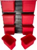 A set of red plastic storage bins mounted on a black wall-mounted organizer system, with two additional bins in the foreground. Anteprima dell’immagine prodotto