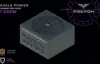 A 3D render of a black computer power supply unit with branding and specifications displayed. Produktbild-Vorschau