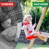 Split image showing a child using a tablet on the left and a child on a swing on the right. Produktbild-Vorschau