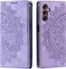 A purple flip case for a Samsung Galaxy A16 5G phone, featuring a mandala design, shown from the front and side. Produktbild-Vorschau