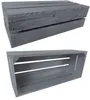 Two wooden crates are shown against a white background. The top crate is viewed from an angle, showing its slatted construction. The bottom crate is also shown from an angle, revealing its open interior. Produktbild-Vorschau