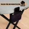 A close-up of a phone holder attached to a chair leg, with text overlay. Produktbild-Vorschau