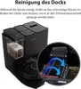 A robotic vacuum cleaner dock with a close-up inset showing a cleaning brush mechanism. Produktbild-Vorschau