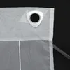 A close-up view of a white sheer curtain with a silver triangular grommet. Produktbild-Vorschau