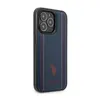 A dark blue iPhone case with red and white stitching and a red logo. Produktbild-Vorschau