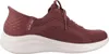 A side view of a red Skechers slip-on sneaker with a white sole. Voir les images du produit