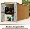 An open garden shed with storage shelves and items inside, with text overlays describing features and benefits. Náhled obrázku produktu