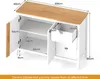 A white sideboard cabinet with a wooden top, showing internal dimensions with measurement labels. Podgląd zdjęcia produktu