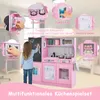 A pink wooden play kitchen with various accessories and features highlighted by callouts and text. Produktbild-Vorschau