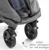 Close-up of a child's feet in blue boots and jeans inside a gray stroller footmuff, with the stroller wheels visible below. Náhled obrázku produktu