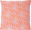 A square pillow with an orange background and a white abstract pattern. Produktbild-Vorschau