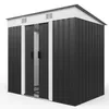 A dark grey metal garden shed with white trim and a white roof, shown from a slightly angled front view with the double sliding doors open. Náhľad obrázku produktu