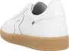 A white leather sneaker with a brown sole, viewed from the side and back. Produktbild-Vorschau