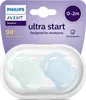 A product package for Philips AVENT pacifiers, showing the packaging and the pacifiers inside. Voir les images du produit