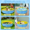 Collage of four images showing a blue and yellow dog pool being used in different ways: with a dog and person, filled with balls, filled with toys, and with a mother dog and puppies. Produktbild-Vorschau
