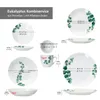 A collage of images showing different pieces of a dinnerware set with a eucalyptus leaf design, along with their dimensions. Podgląd zdjęcia produktu