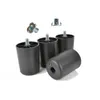 A set of four black plastic furniture feet with silver threaded bolts and two metal T-nuts are arranged on a white background. Náhled obrázku produktu