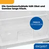 Close-up view of the interior of a refrigerator, focusing on a crisper drawer and a blue circular marketing graphic. Produktbild-Vorschau