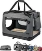 A gray fabric pet carrier is shown from the front, with a soft beige interior. Below the main product image, there are smaller images showing the carrier folded, and then in different colors (gray, dark gray, blue, beige, and red). Produktbild-Vorschau