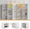 A collage of images showcasing a modular shoe rack, demonstrating its assembly and different configurations for storing various types of footwear. Voir les images du produit