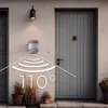 A motion sensor mounted on a wall next to a door, with graphic overlays indicating its detection range and angle. Anteprima dell’immagine prodotto