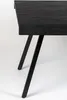 A close-up view of the corner of a black wooden table with black metal legs. Produktbild-Vorschau