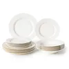 A set of white porcelain plates and bowls stacked on a white background. Produktbild-Vorschau