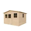 A wooden garden shed with windows and doors, presented on a white background. Produktbild-Vorschau